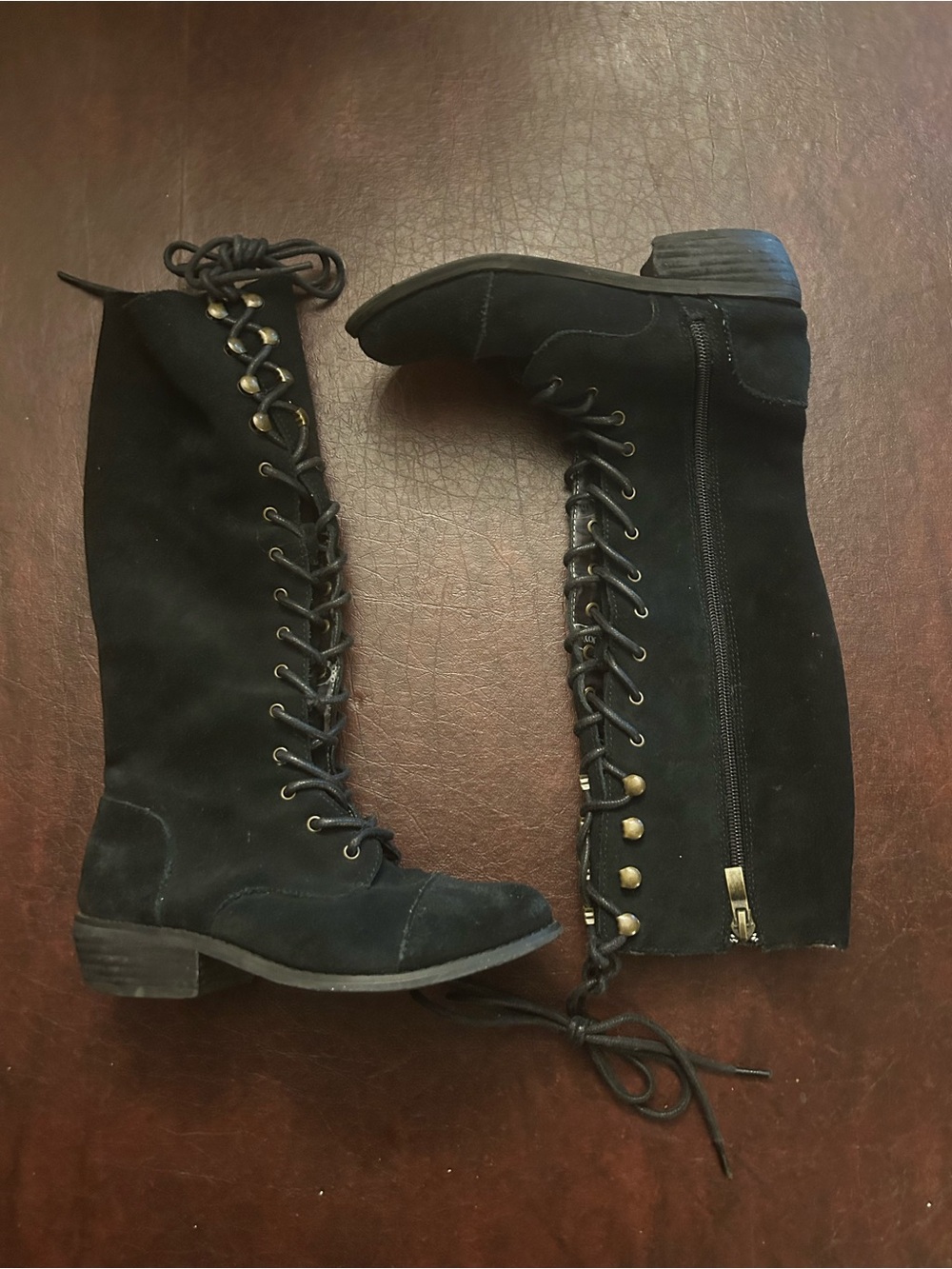 Joyfolie Black Lace-Up Knee Boots with Side Zipper